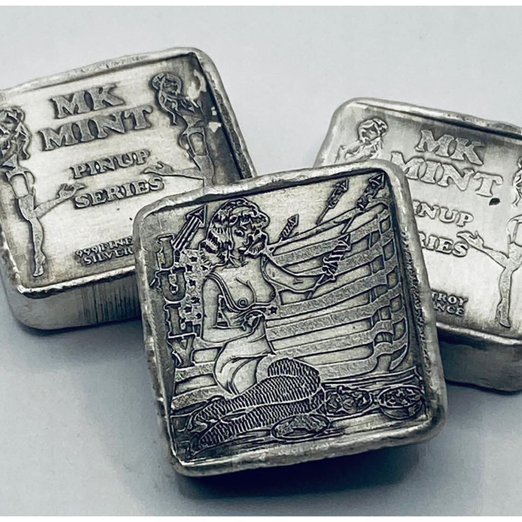 1 ozt MK BarZ Pin Up - July Stamped Square.999 Fine Silver