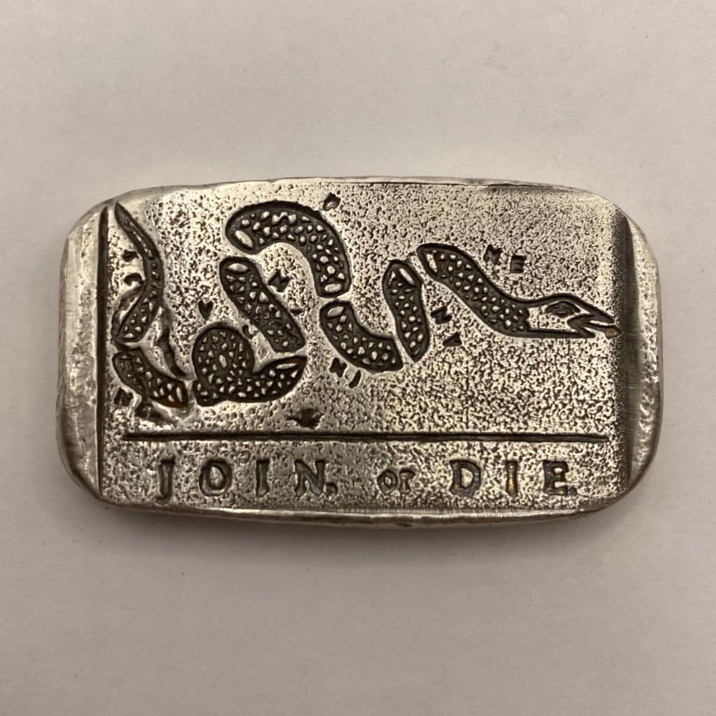 2 oz. Revolution’s Spirit: Join or Die Bar.999 Stamped Bar Hand Poured