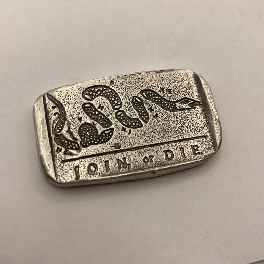 2 oz. Revolution’s Spirit: Join or Die Bar.999 Stamped Bar Hand Poured
