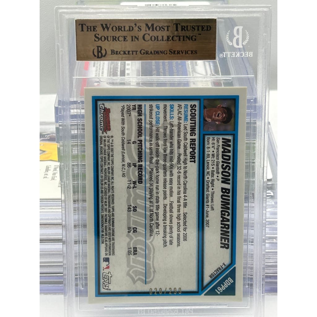 2007 MADISON BUMGARNER BOWMAN 020/299 DRAFT CHROME DRAFT PICKS X-FRACT 9.5 MINT BECKETT