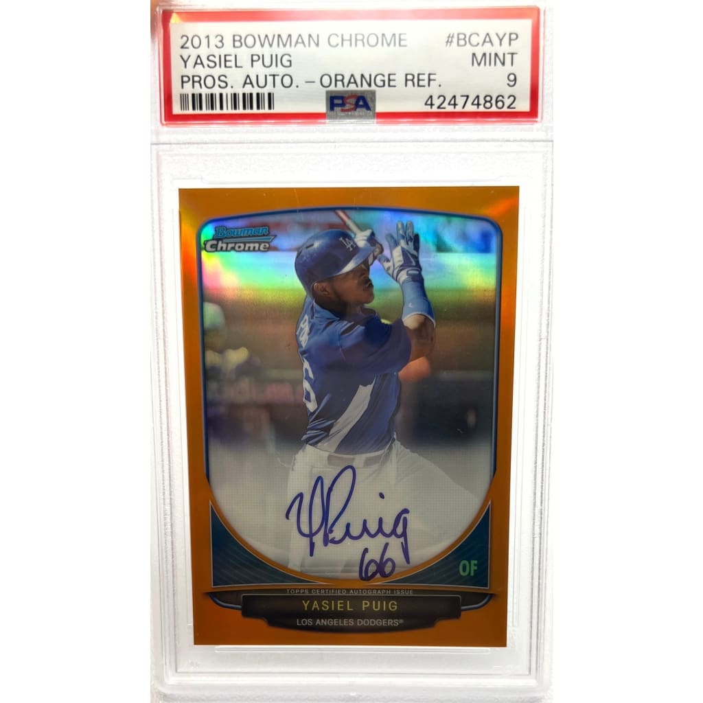 2013 BOWMAN CHROME #BCAYP YASIEL PUIG PROS. AUTO ORANGE REF. SLABBED