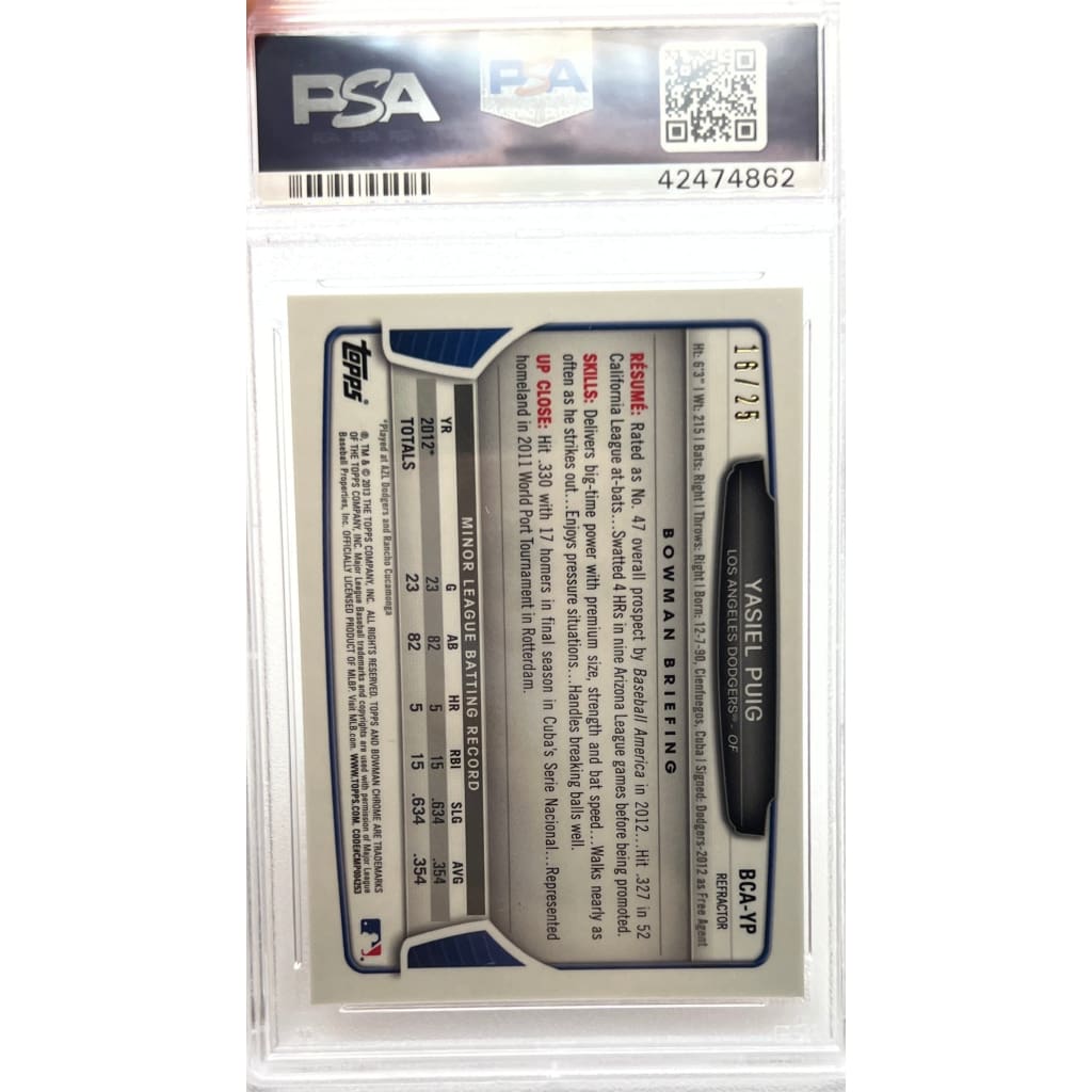 2013 BOWMAN CHROME #BCAYP YASIEL PUIG PROS. AUTO ORANGE REF. SLABBED