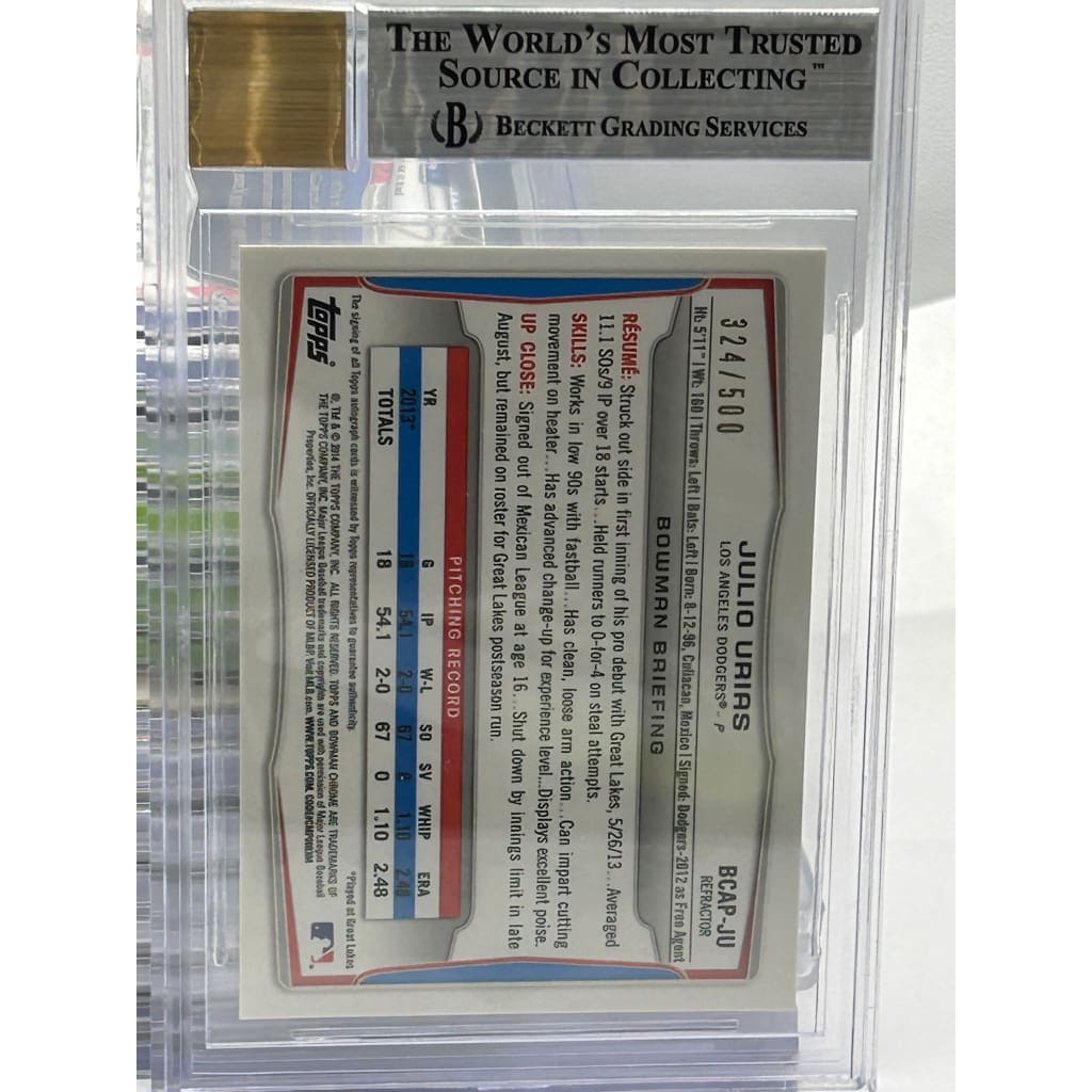2014 JULIO URIAS BOWMAN 324/500 PROSPECT CHROME AUTOGRAPH FRACT 9 MINT BECKETT