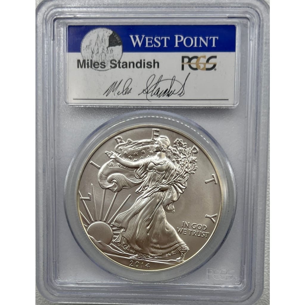 2014- W PCGS MS70 SILVER EAGLE STUCK AT WEST POINT FIRST STRIKE DOLLAR