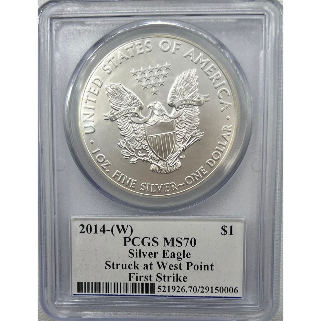 2014- W PCGS MS70 SILVER EAGLE STUCK AT WEST POINT FIRST STRIKE DOLLAR