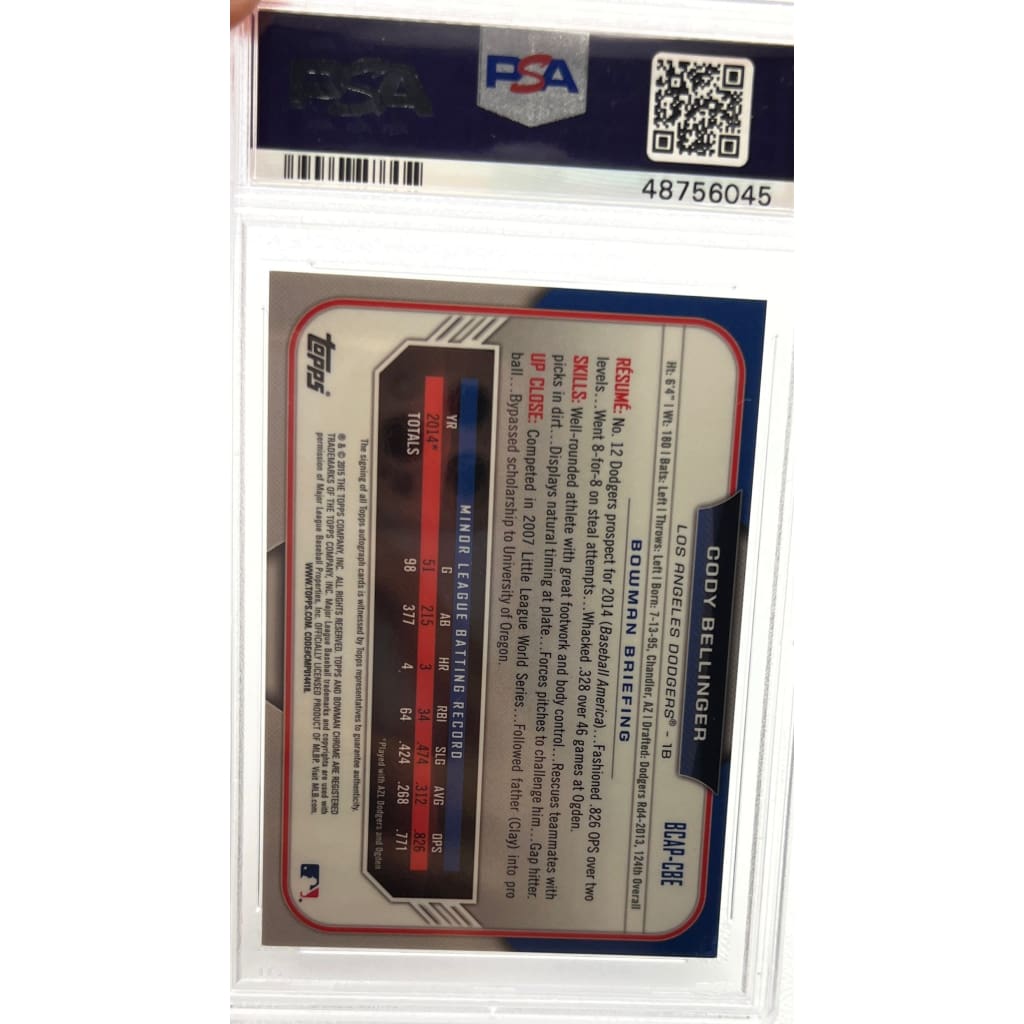 2015 BOWMAN CHROME #CBE CODY BELLINGER AUTOGRAPH PROSPECT SLABBED