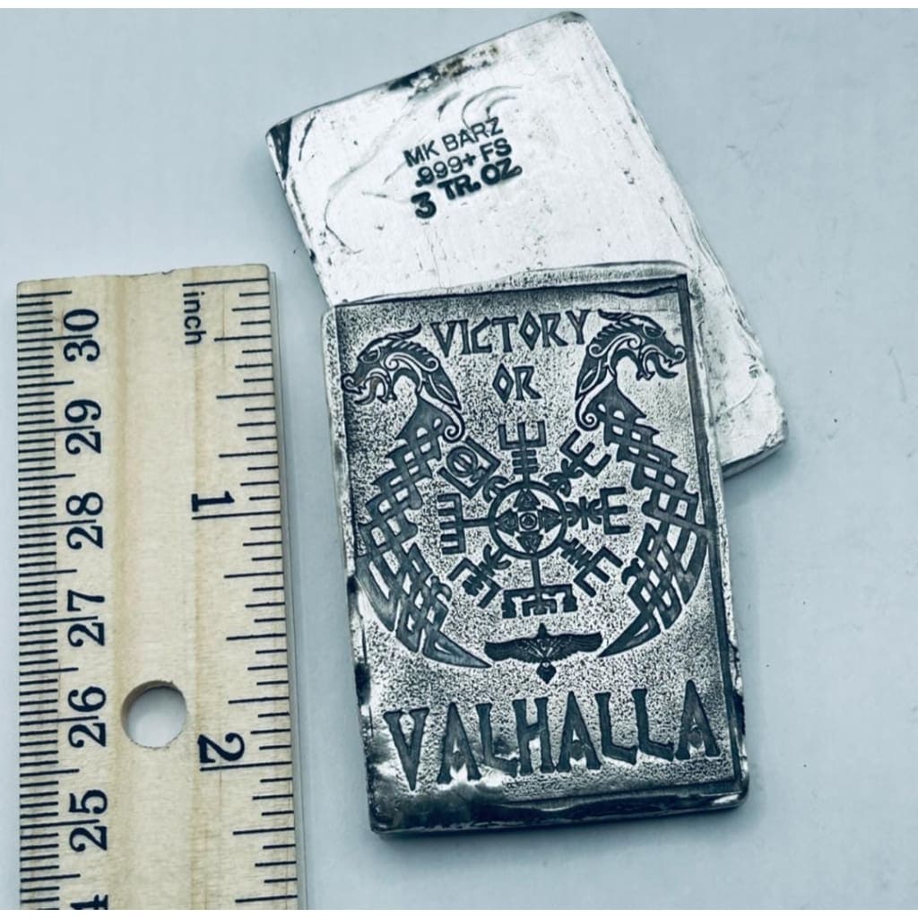 3 Troy Oz MK BarZ Victory or Valhalla Stamped Bar.999FS