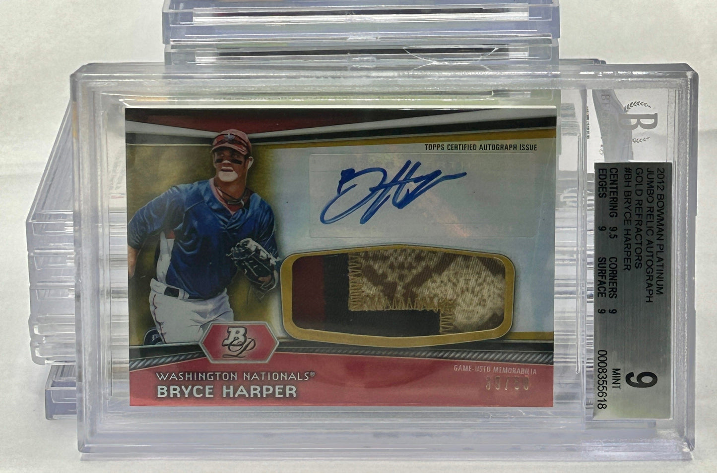 2012 BRYCE HARPER BOWMAN PLATINUM JUMBO RELICS AUTOG. GOLD-REFRACT 9 MINT BECKETT