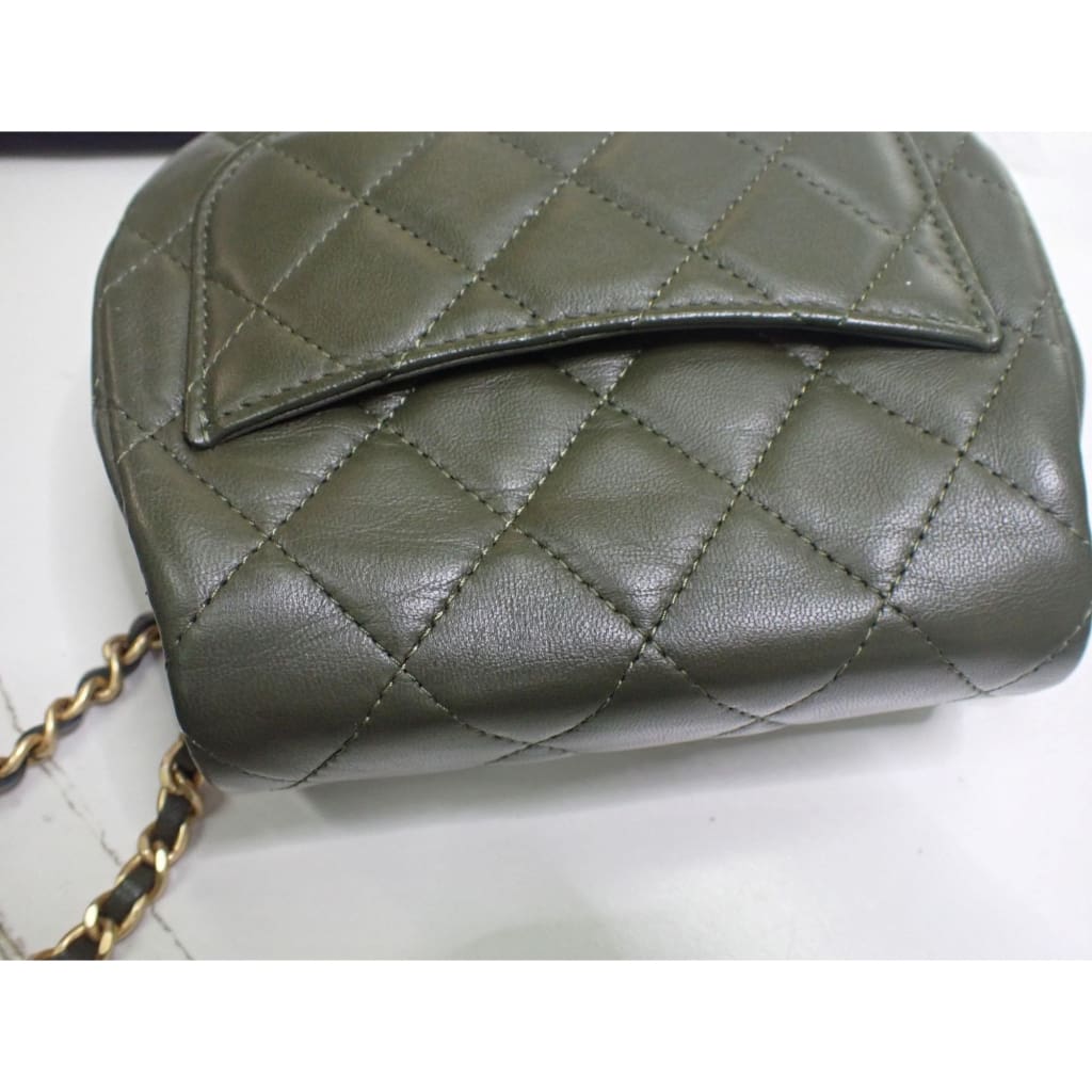 Chanel Khaki Green Quilted Calfskin Leather Mini Coco Mail Clutch with Chain Bag - Green / leather / clutch