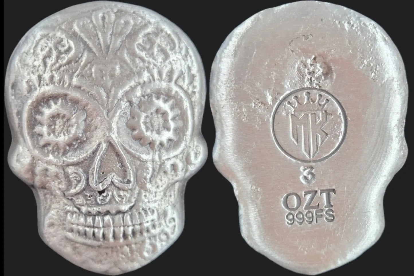 3 Ozt. Hand Poured Silver Sugar Skull by MKBarz - MK BARZ AND BULLION
