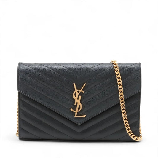 YSL Yves Saint Laurent Monogram Matelassé Envelope Wallet On Chain (MSRP $1600) - black / Leather / shoulder bag
