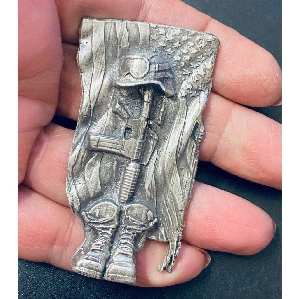 @1.85 Oz MK BarZ Fallen Soldier Tribute Sand Cast Art High Relief.999 Fine Silver
