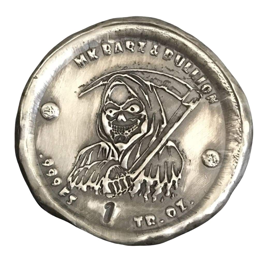 1 Oz.999 FS MK BarZ Stamped Scythe of Death Grim Reaper Chunk Round