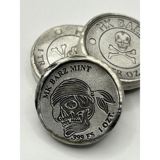 1 Oz MK BarZ Jolly Roger’s Legacy.999 Fine Silver Round with Skull Pirate Design
