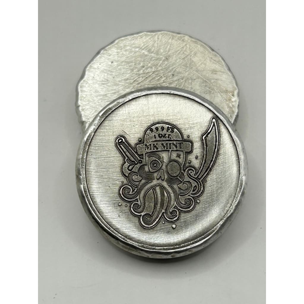 1 Oz MK BarZ Kraken’s Bounty.999 Fine Silver Round with Octopus Pirate Design