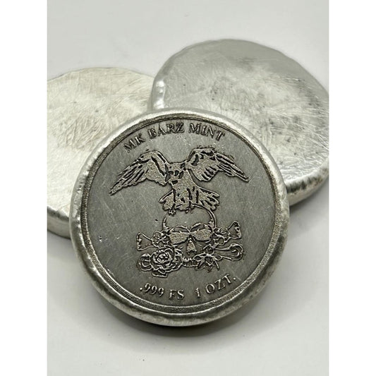 1 Oz MK BarZ Ominous Omen.999 Fine Silver Round with Crow and Skull Design