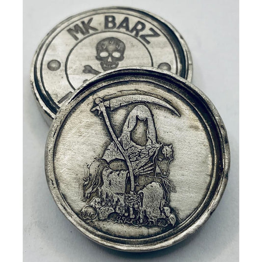 1 Oz MK Barz Reaper- Sarah Richter Art Hand Stamped & Poured Round 999 FS