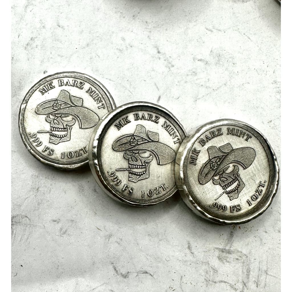 1 Oz MK BarZ Wild West Rebel Skull Cowboy Stamped.999 FS Round
