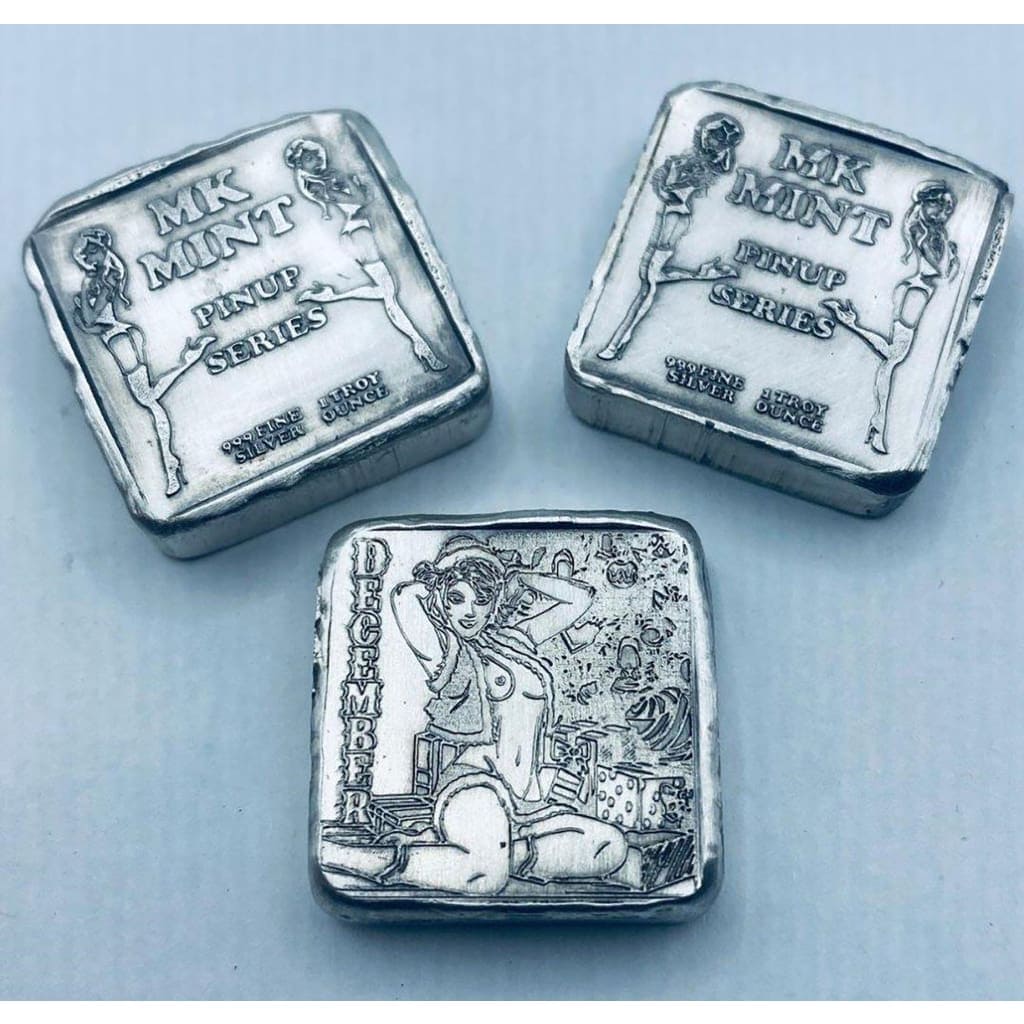 1 ozt MK BarZ Pin Up-December Stamped Square.999 Fine Silver