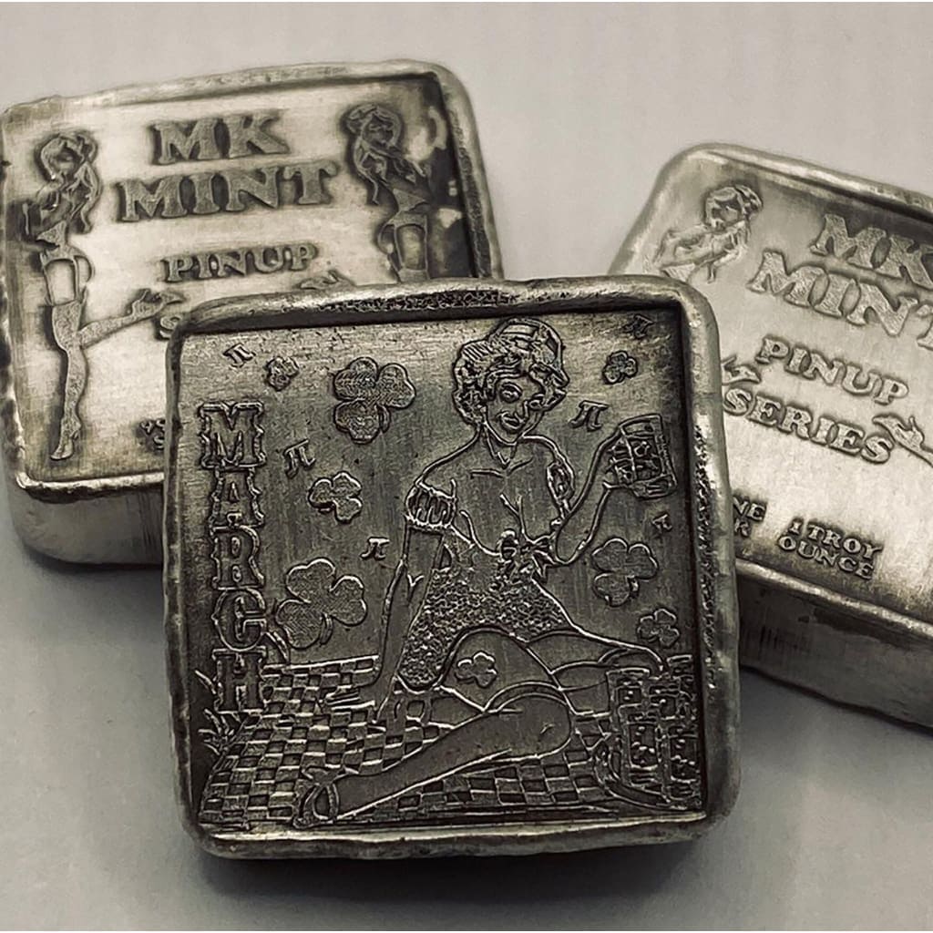 1 ozt MK BarZ Pin Up- March Stamped Square.999 Fine Silver