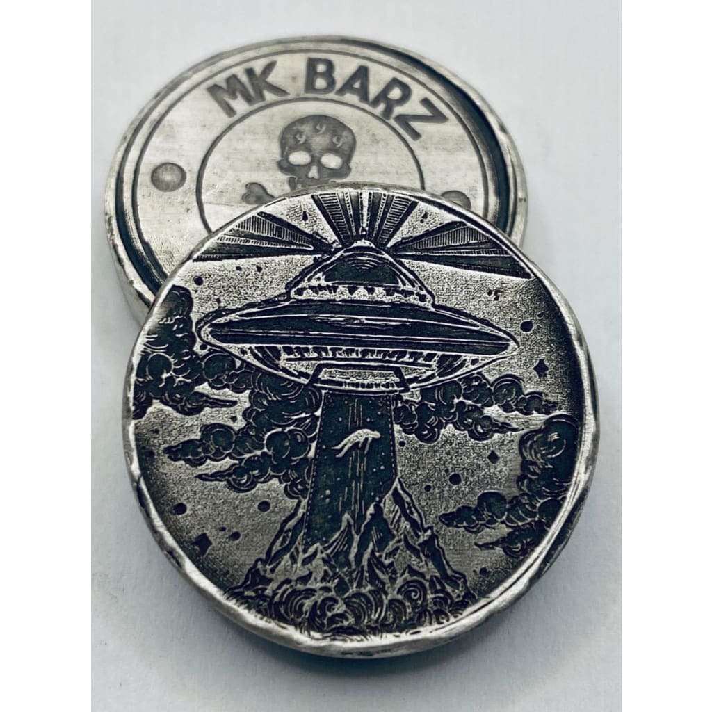 1 Troy Oz.999 Fine Silver MK BarZ Alien Abduction Stamped Round.999 Fine Silver