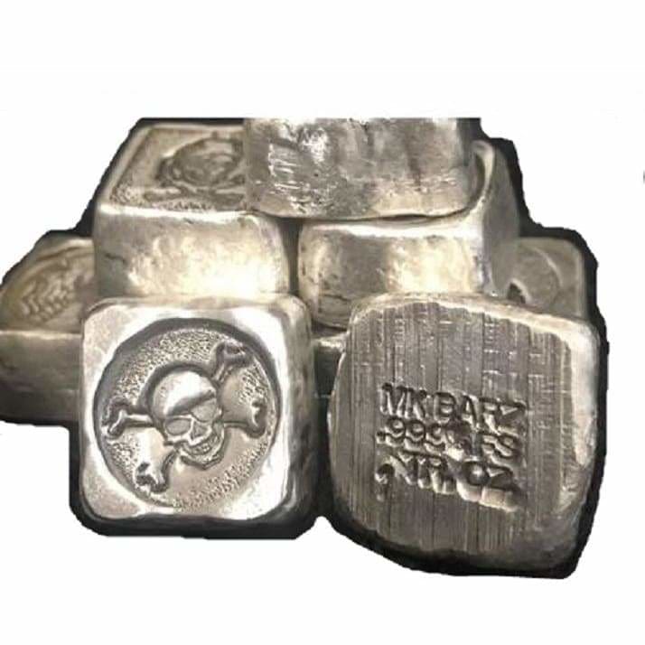 1 Troy Oz. Skull & Cross Bones Pirate Skull Stamped Cube.999 Fine Silver