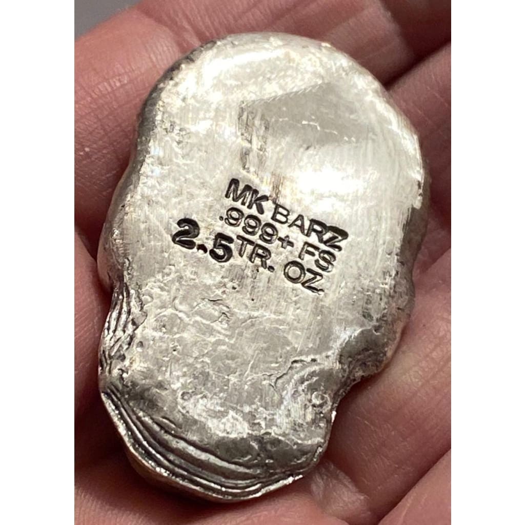 2.5 Oz  MK BarZ "Skully Love" Sand Cast Poured .999 Fine Silver - MK BARZ AND BULLION