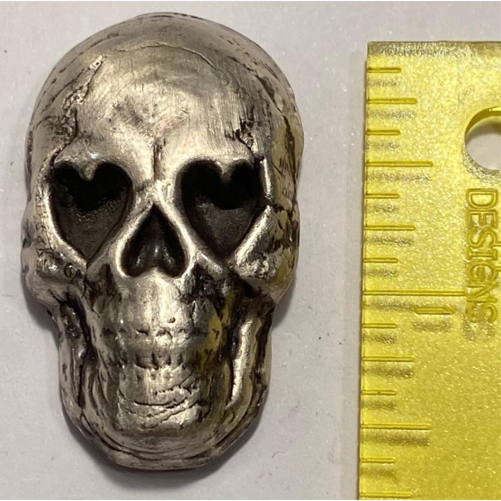 2.5 Oz  MK BarZ "Skully Love" Sand Cast Poured .999 Fine Silver - MK BARZ AND BULLION