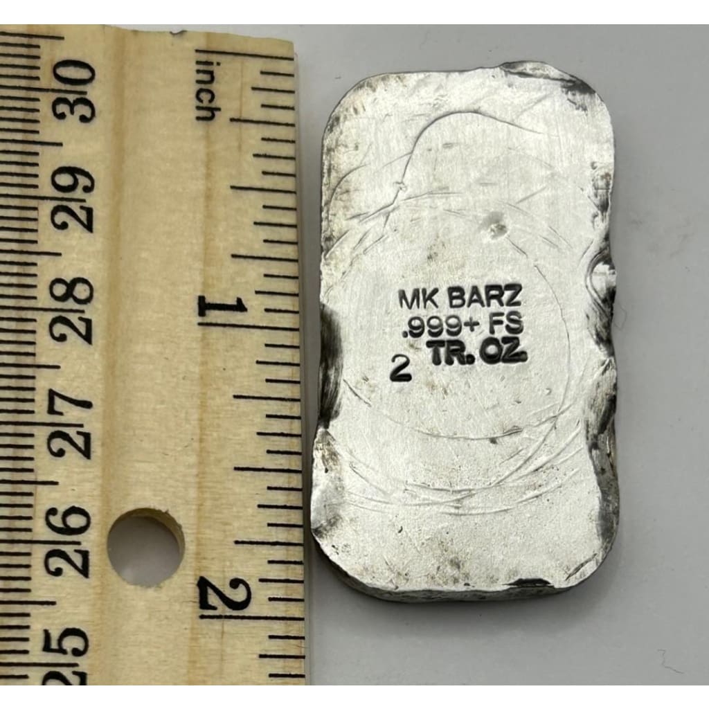 2 ozt. MK BarZ Deadly Precision.999 FS Silver Bar with Skull and Dual Guns Stamp