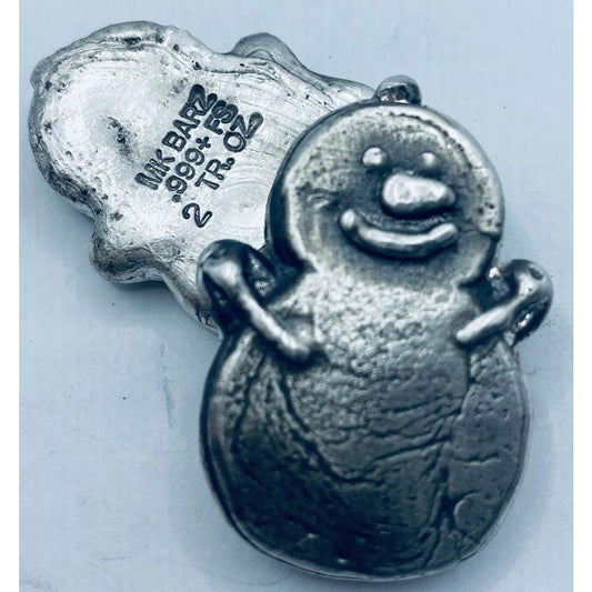 2 Ozt MK BarZ Happy Snowman Bar Stamped.999 Fine Silver