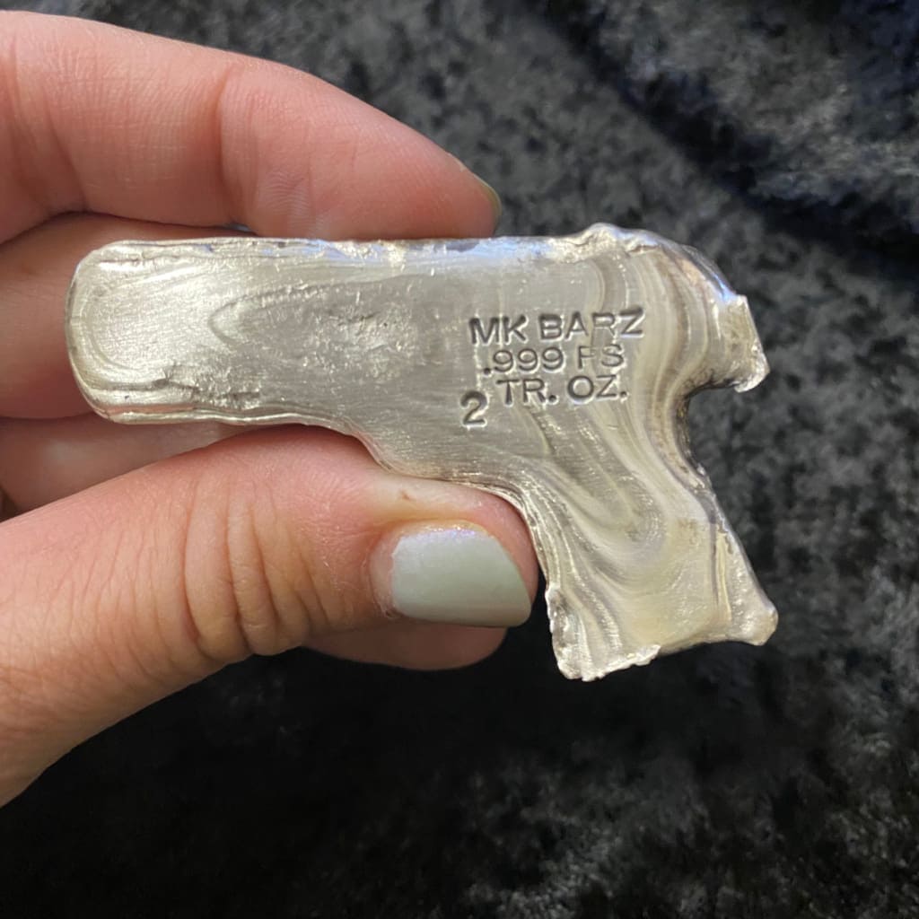2 Troy Oz MK BarZ 9MM Combat Hand Gun Poured.999 FS