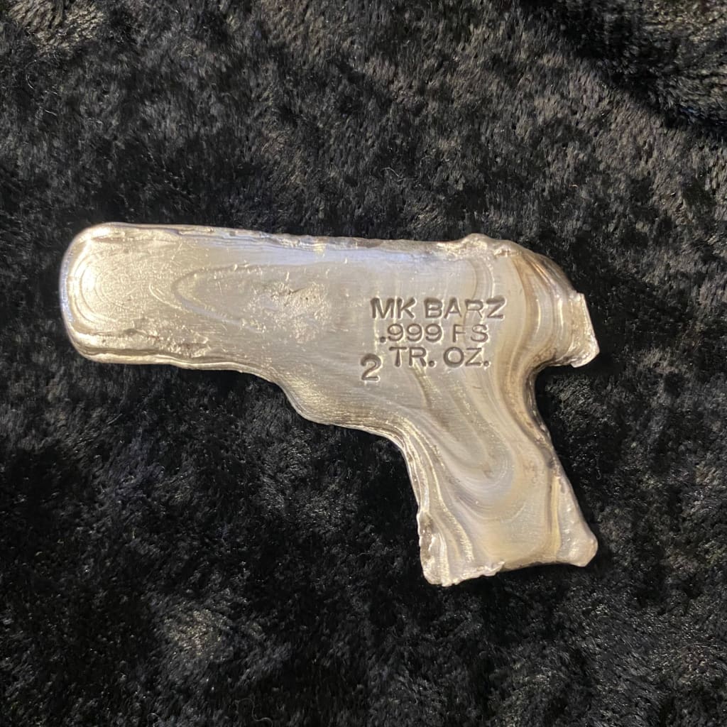 2 Troy Oz MK BarZ 9MM Combat Hand Gun Poured.999 FS