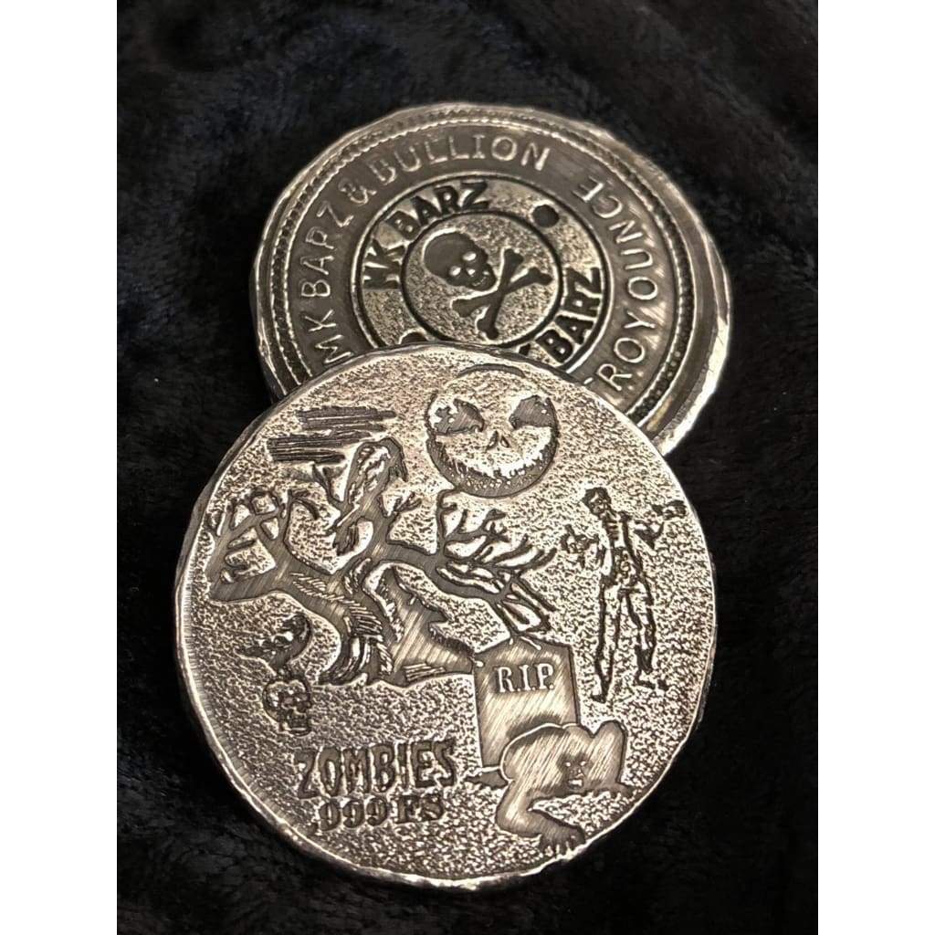 2 Troy Oz MK BarZ Zombies Graveyard Logo Double Stamped Round.999 FS