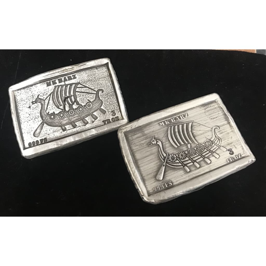 3 Oz MK BarZ Viking Long Ship Bar-RAISED Viking Series LTD - silver bullion