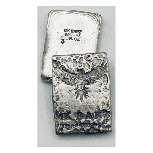 3 Ozt MK BarZ Phoenix Hammered Bar.999 Fine Silver