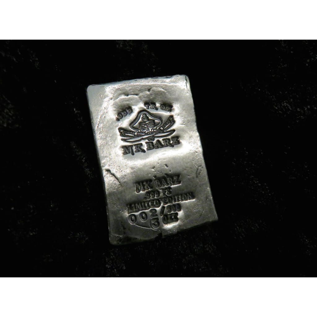 3 Troy Oz. MK BarZ Pirate Captain Stamped Wafer LTD.999 Fine Silver