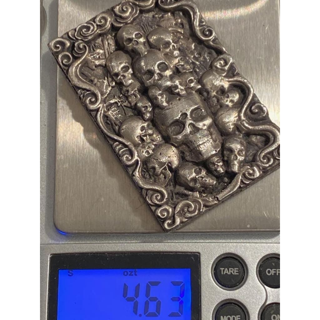 @4.63 Oz  MK BarZ "Purgatory" Skull 2D High Relief Sand Cast Bar .999 Fine Silver - MK BARZ AND BULLION