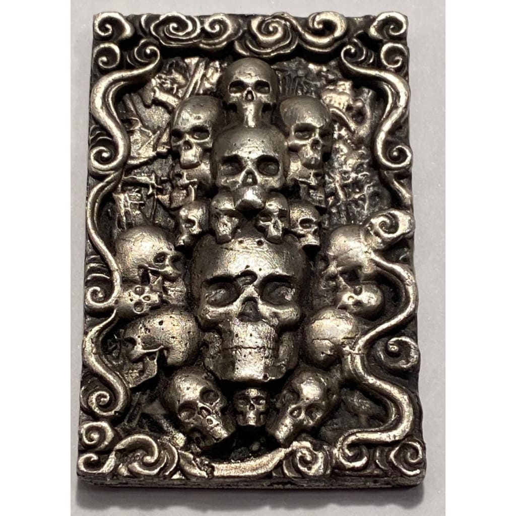 @4.63 Oz  MK BarZ "Purgatory" Skull 2D High Relief Sand Cast Bar .999 Fine Silver - MK BARZ AND BULLION