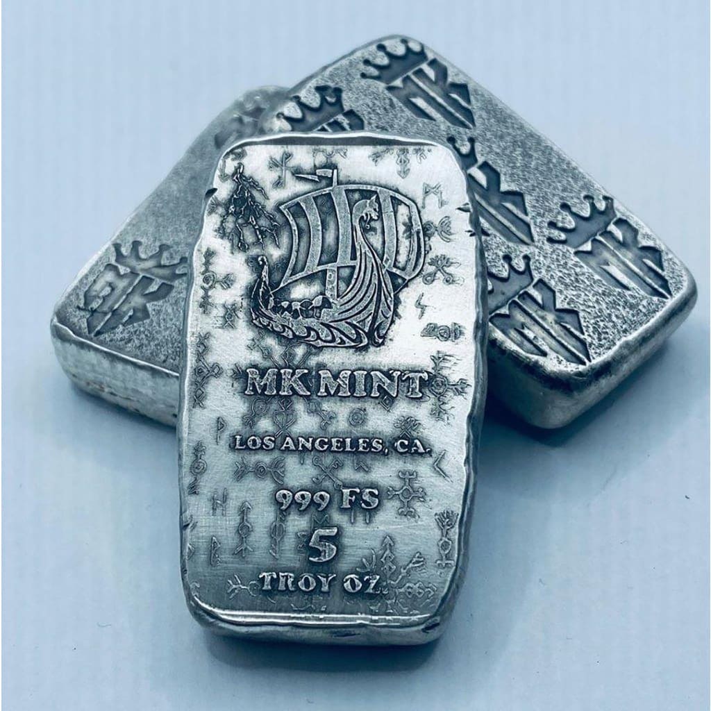 5 Ozt MK BarZ Viking Ship Monogrammed Weight Bar.999 Fine Silver