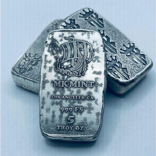 5 Ozt MK BarZ Viking Ship Monogrammed Weight Bar.999 Fine Silver