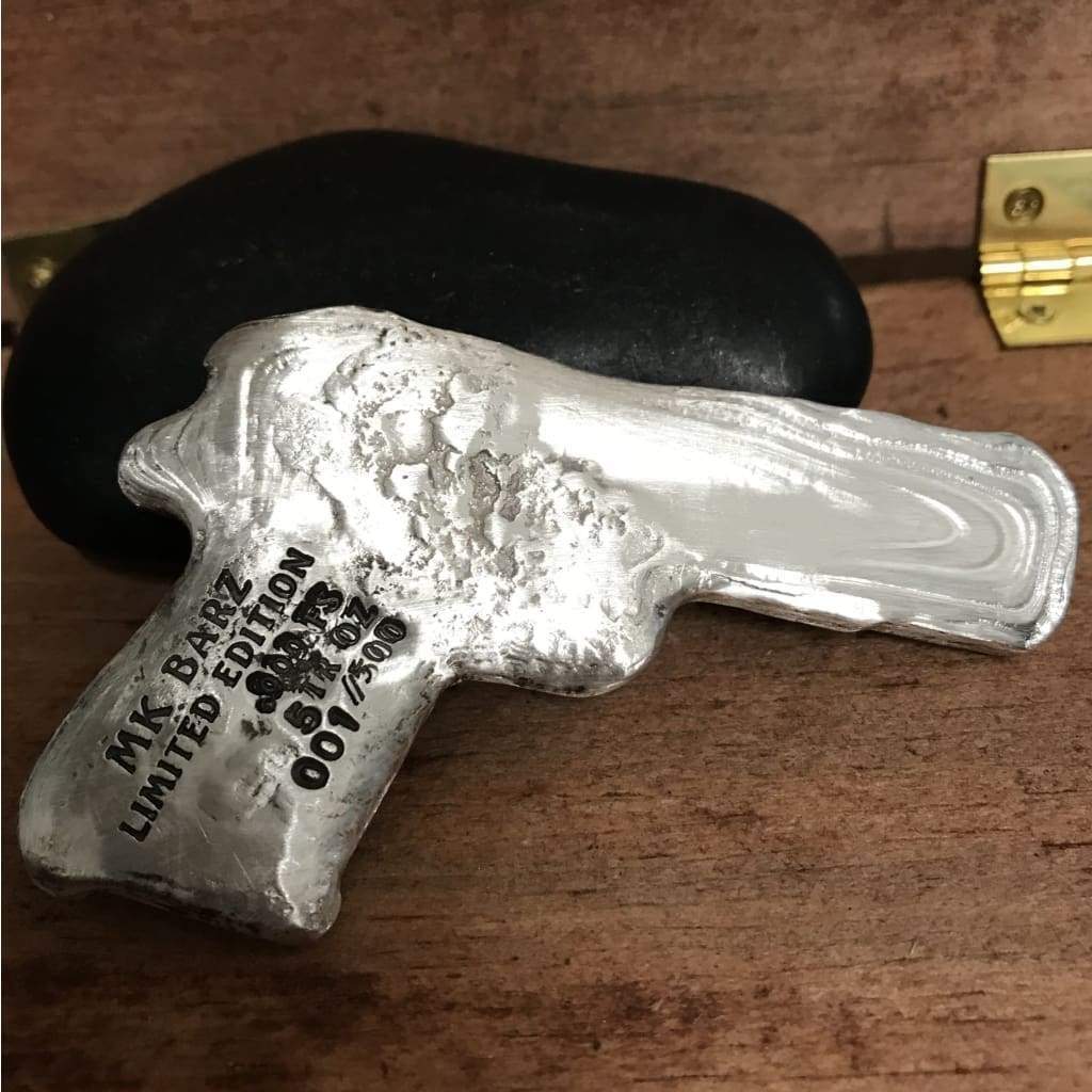 5 Troy Oz MK BarZ 9MM Combat Hand Gun Poured.999 FS