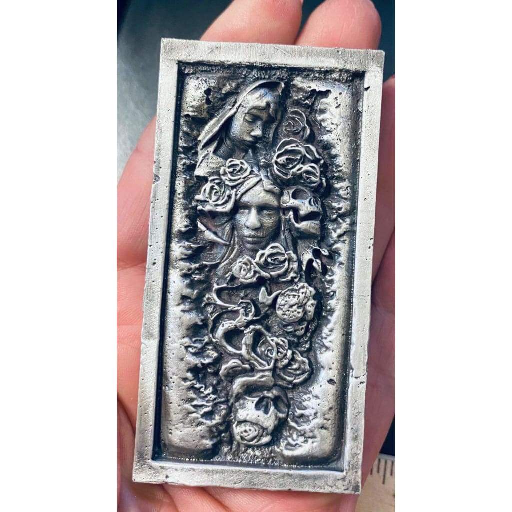 @9.1 Oz MK BarZ Garden of Death Sand Cast Art High Relief.999 Fine Silver