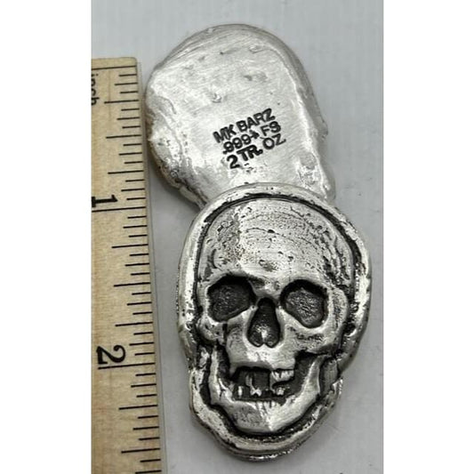 2 Oz MK BarZ Toothless Skully Hand Poured.999 Fine Silver
