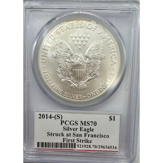 2014-S PCGS MS70 SILVER EAGLE STRUCK AT SAN FRANSISCO FIRST STRIKE DOLLAR
