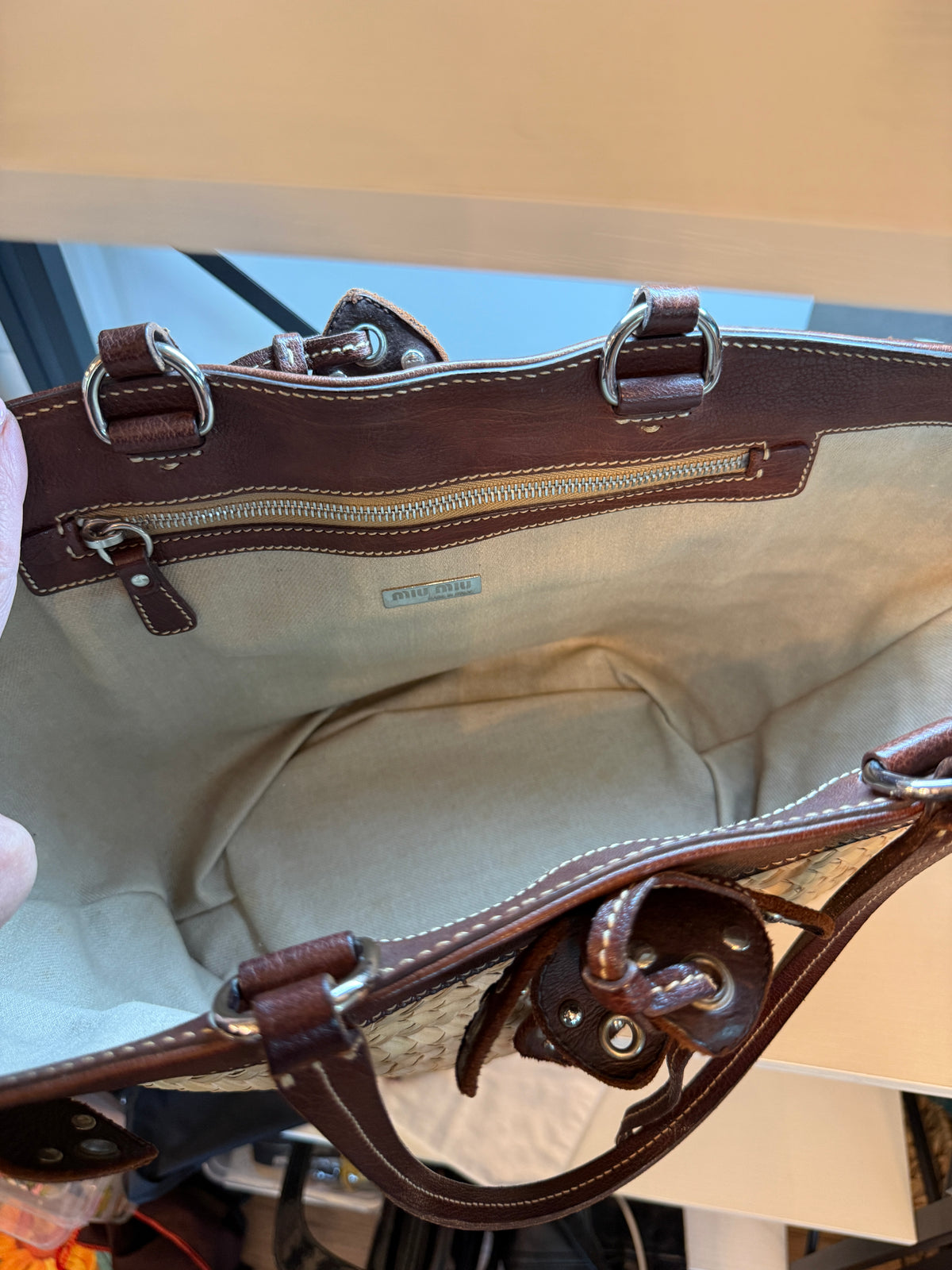 Miu Miu Wicker Floral Leather Hand Bag