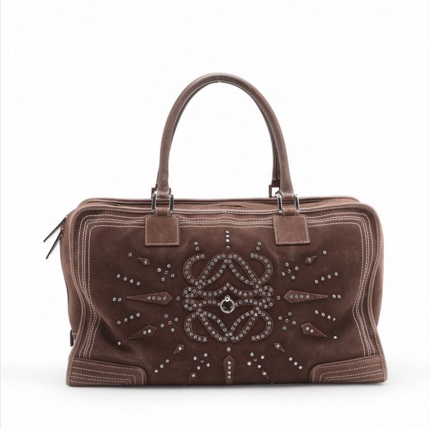Loewe Amazona 44 Boston Weekender Bag Rhinestone Studded Suede Brown