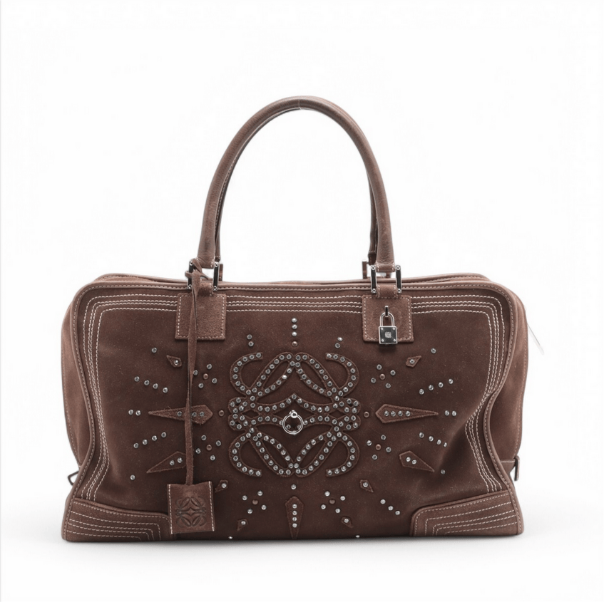 Loewe Amazona 44 Boston Weekender Bag Rhinestone Studded Suede Brown