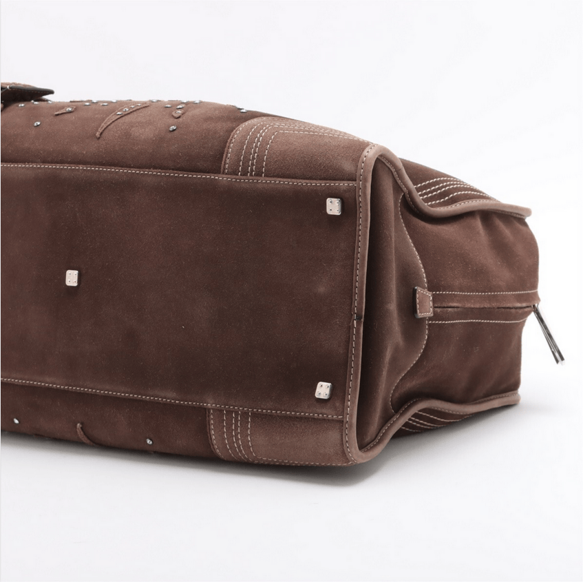 Loewe Amazona 44 Boston Weekender Bag Rhinestone Studded Suede Brown