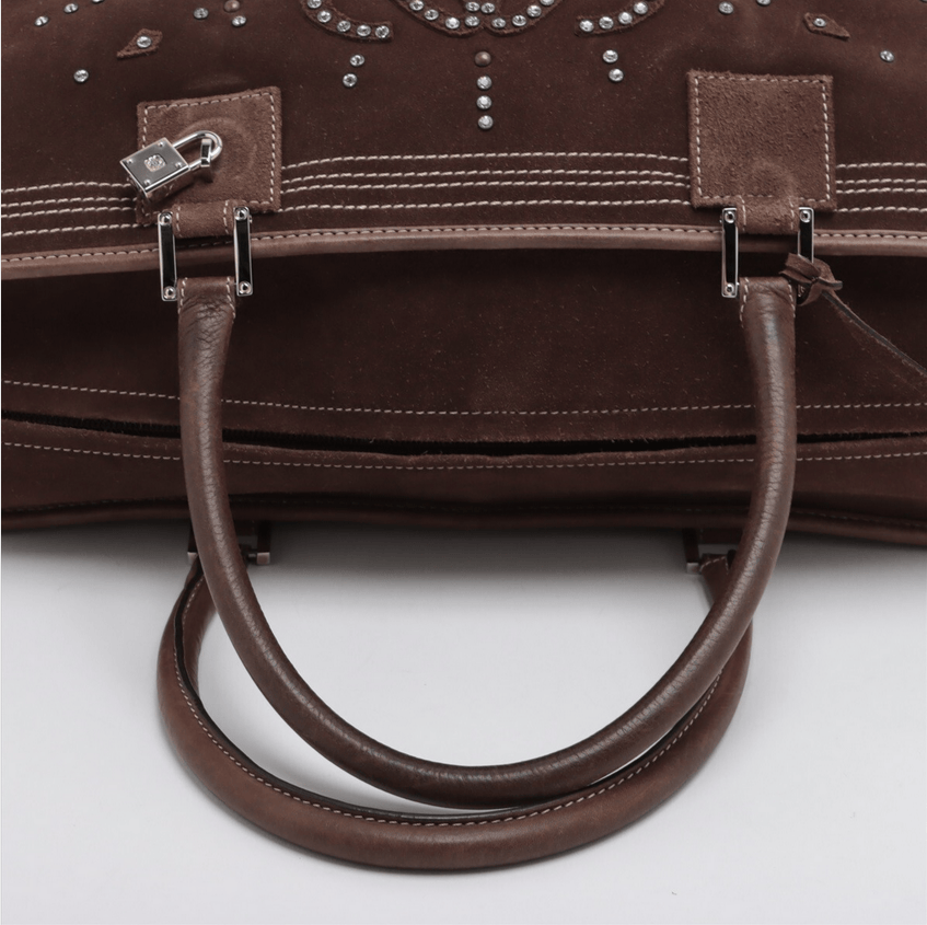 Loewe Amazona 44 Boston Weekender Bag Rhinestone Studded Suede Brown