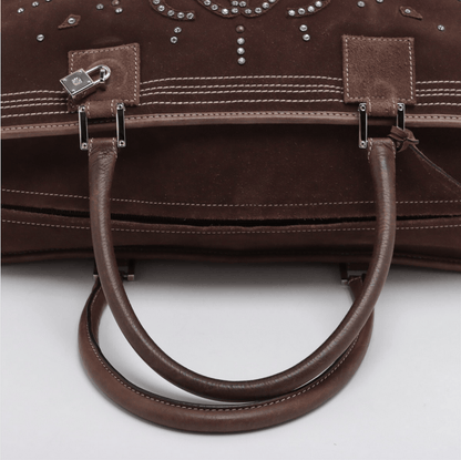 Loewe Amazona 44 Boston Weekender Bag Rhinestone Studded Suede Brown